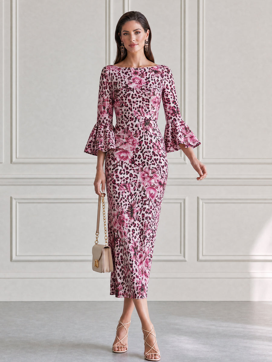 Pink Leopard & Peony Print Bell Sleeve Bodycon Midi Dress