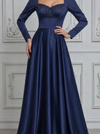 Navy Dress Fall Wedding Guest Dress Satin Embellished Ball Gown Maxi Dress