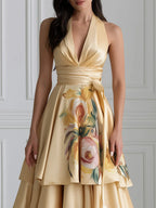 Floral Tiered Halter Satin Evening Gown