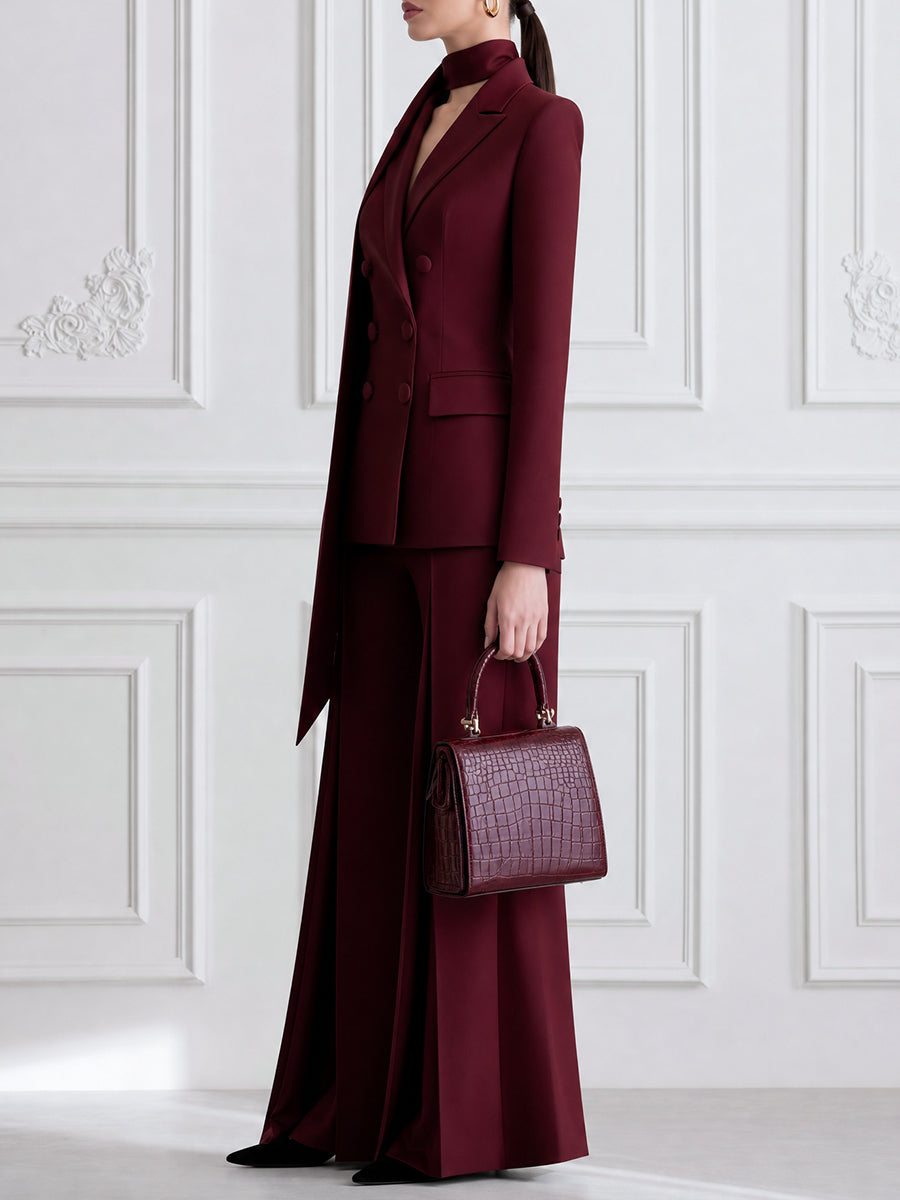 Burgundy Double-Breasted Blazer with Wide-Leg Trousers Suit Set