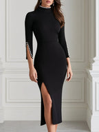 Pearl Trim High Neck Split Bodycon Midi Dress