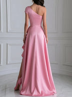 Floral Ruched One-Shoulder Ruffle Satin Evening Gown