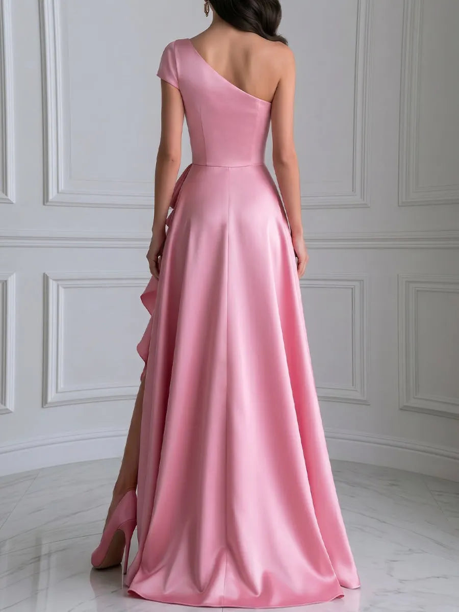 Floral Ruched One-Shoulder Ruffle Satin Evening Gown