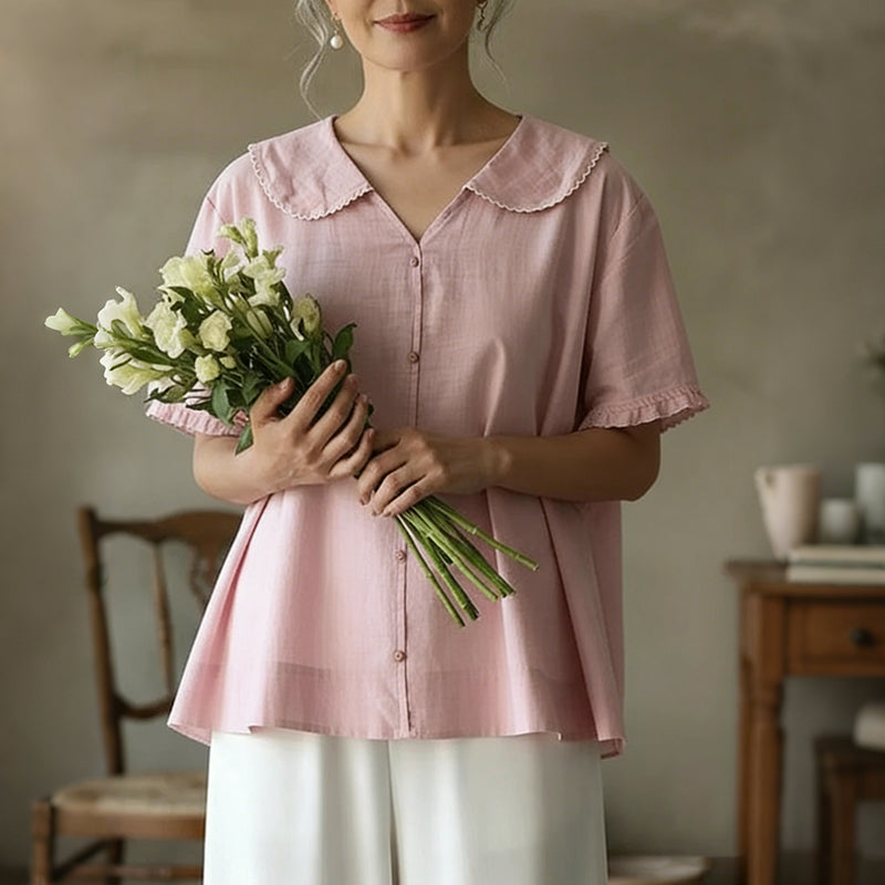 Women's Casual Short-sleeved Sailor Collar Linen Blend Blouse