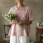 Women's Casual Short-sleeved Sailor Collar Linen Blend Blouse