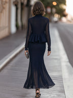 Peplum High-Neck Knit Top & Mermaid Maxi Skirt Two-Piece Set