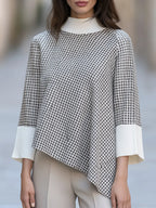 Houndstooth Spliced Knit Sweater Asymmetric Hem Mock Neck Batwing Top