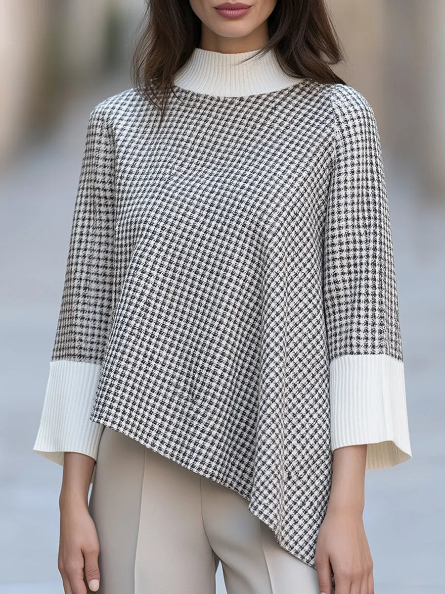 Houndstooth Spliced Knit Sweater Asymmetric Hem Mock Neck Batwing Top