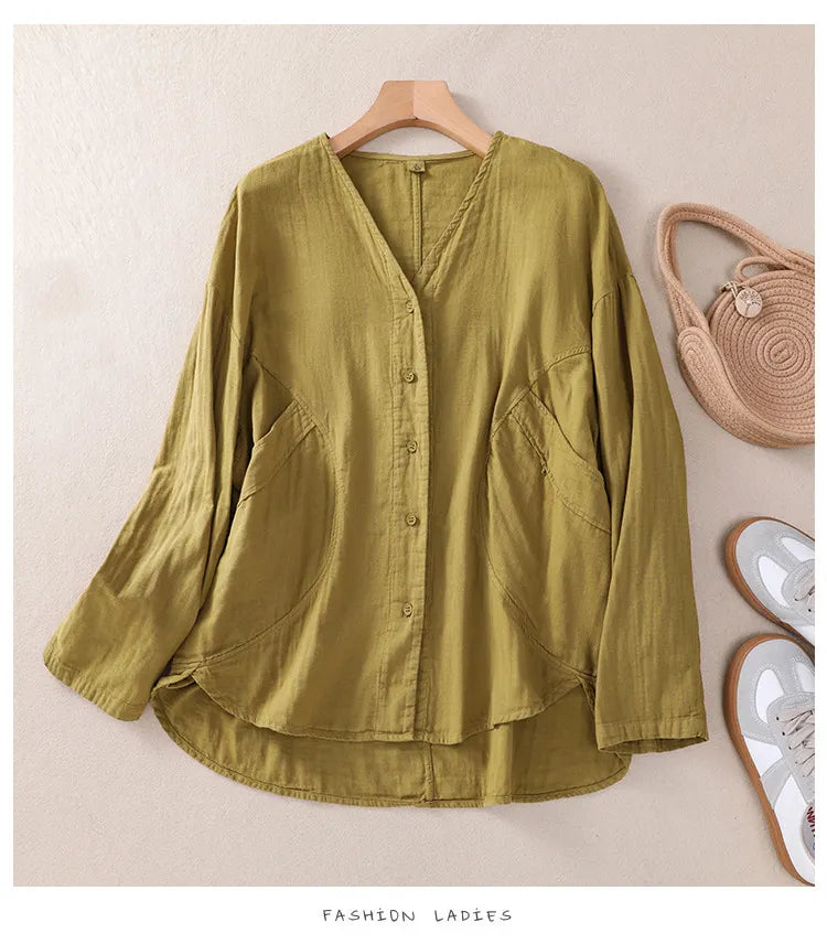 Solid Color V-Neck Long Sleeved Loose Shirt