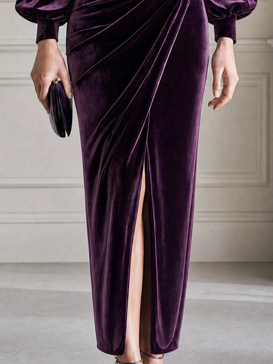 High Neck Puff Sleeve Ruched Velvet Midi Evening Dress