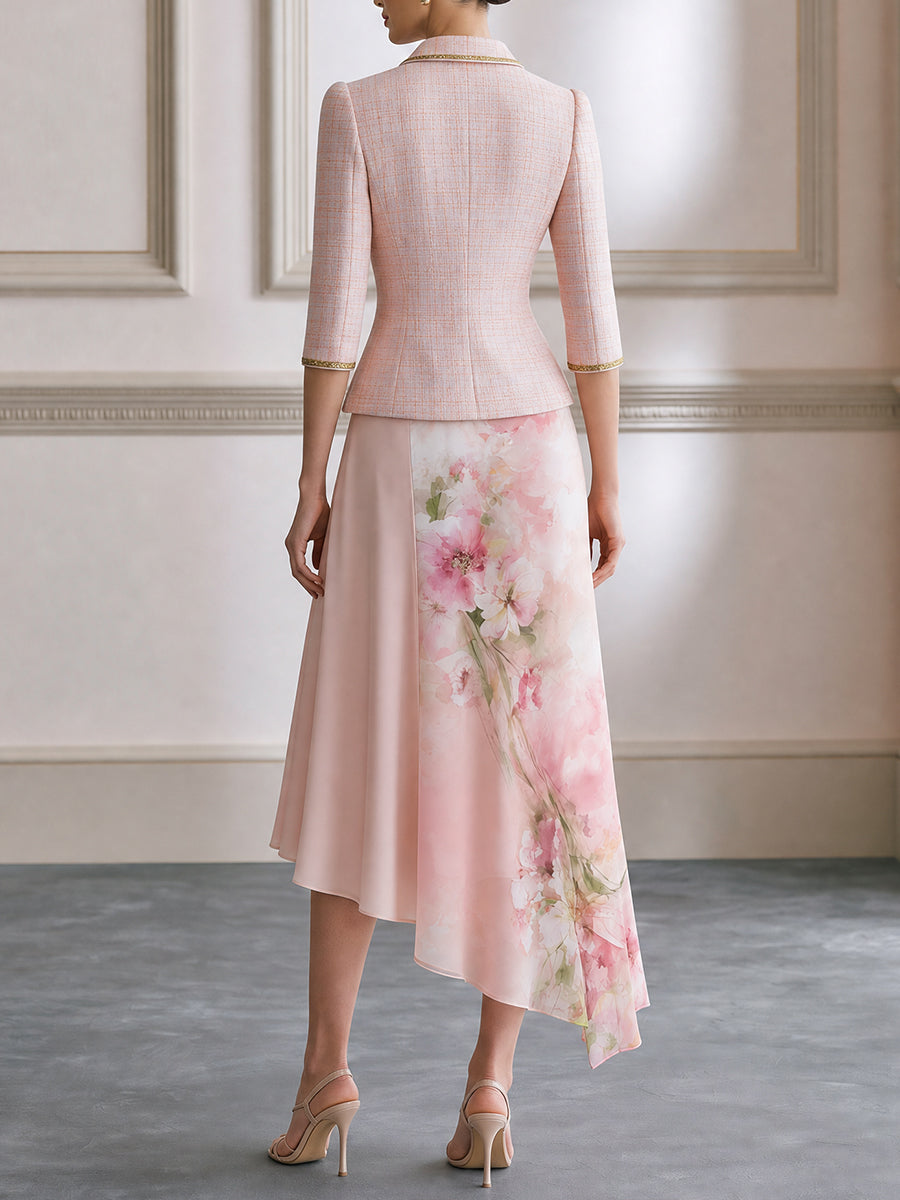 Tweed Peaked-Lapel Blazer & Floral Chiffon Midi Skirt Set