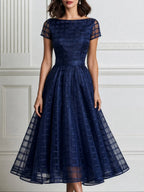 Elegant Checkered Mesh Sheer Sleeve A-Line Midi Dress