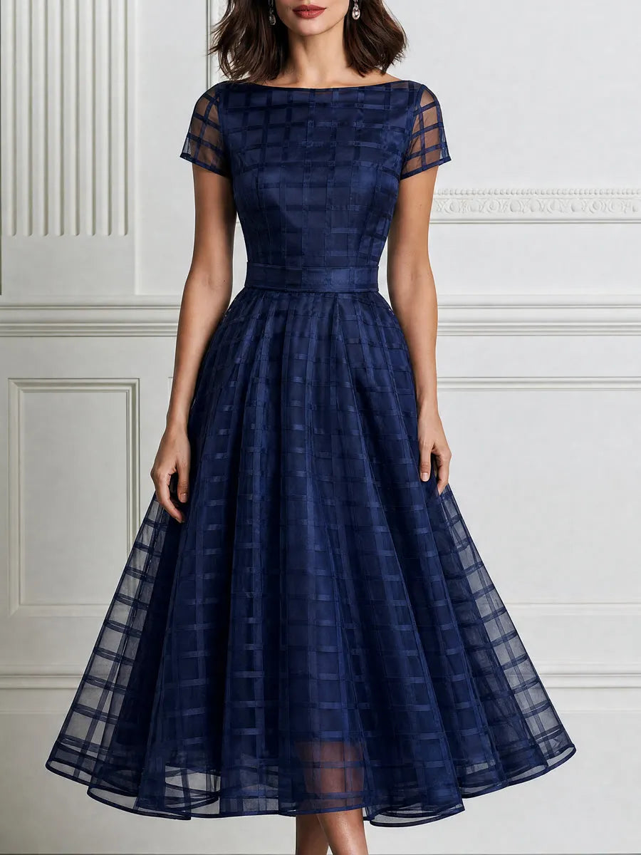 Elegant Checkered Mesh Sheer Sleeve A-Line Midi Dress
