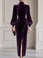 High Neck Puff Sleeve Ruched Velvet Midi Evening Dress