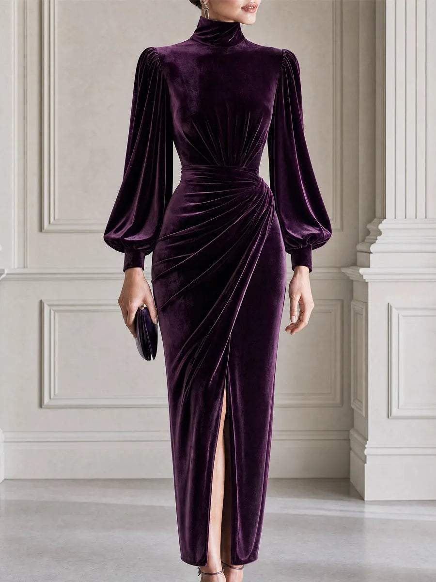 High Neck Puff Sleeve Ruched Velvet Midi Evening Dress