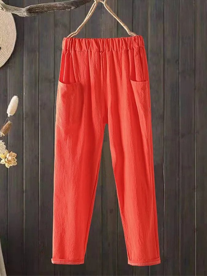 Women's Casual Pure Color Literary Cotton Pants
