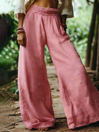 Women's Solid-color Elastic Waist Casual Cotton-linen Wide-leg Pants