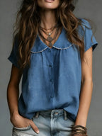 Women's Comfortable Color Blocking Simple Short-sleeve Cotton Shirt