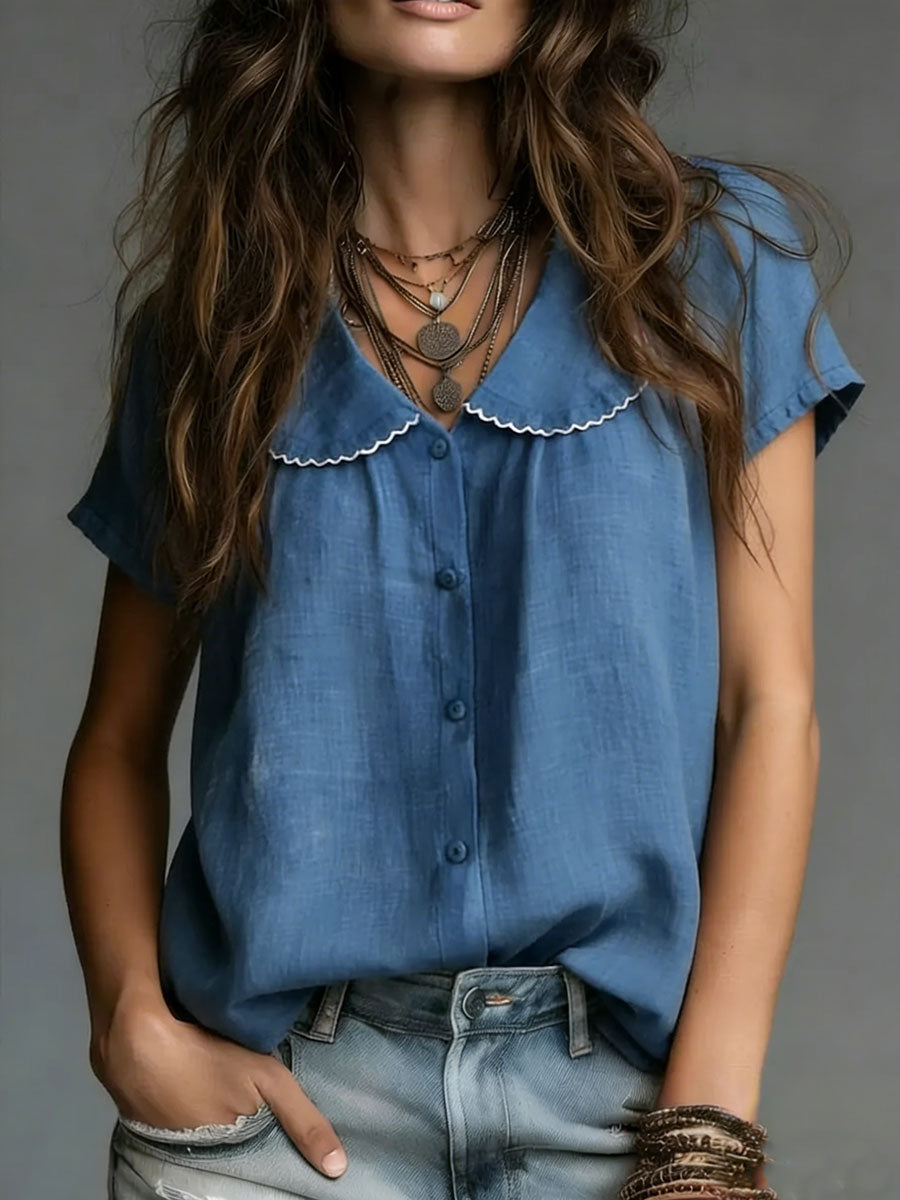 Women's Comfortable Color Blocking Simple Short-sleeve Cotton Shirt