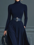 Dark Blue Knitted High-neck Dress(No belt)