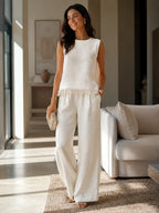 Sleeveless Textured Top And Wide-Leg Pants Set With Frayed Hem Detail
