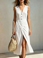 Women's V-neck Casual Solid-color Asymmetrical Dress