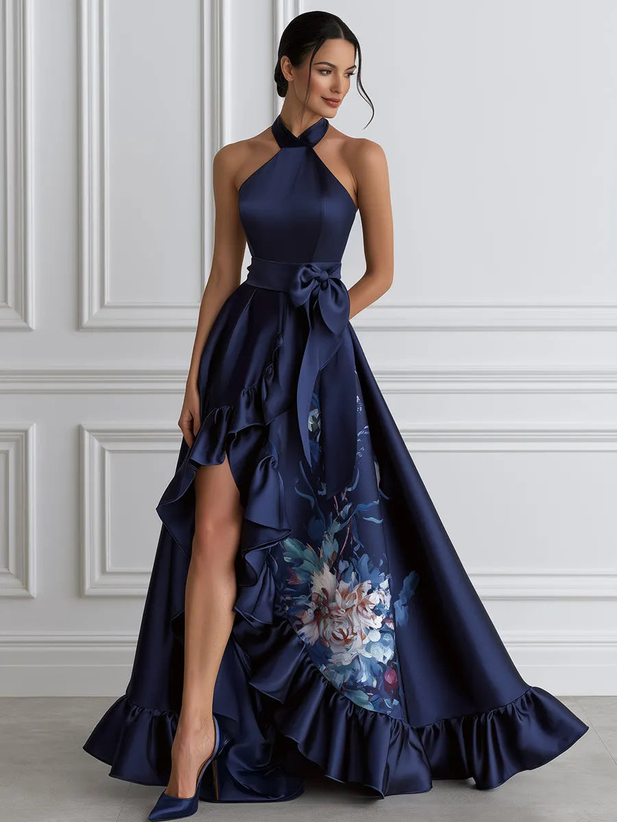 Floral Ruffle High-Low Halter Satin Evening Gown