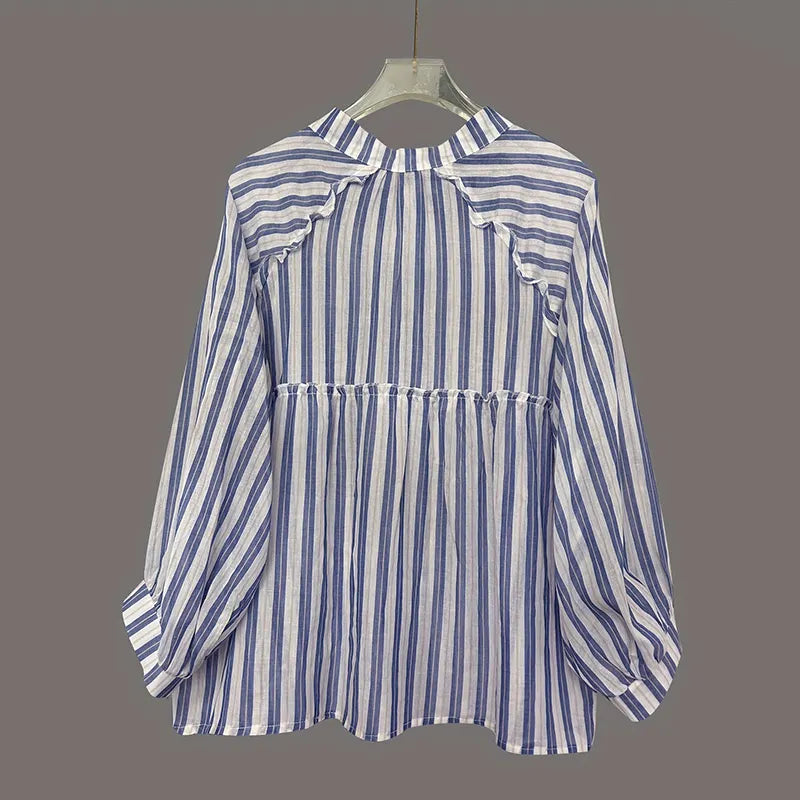 Women's Elegant Stripes Cotton And Linen Top