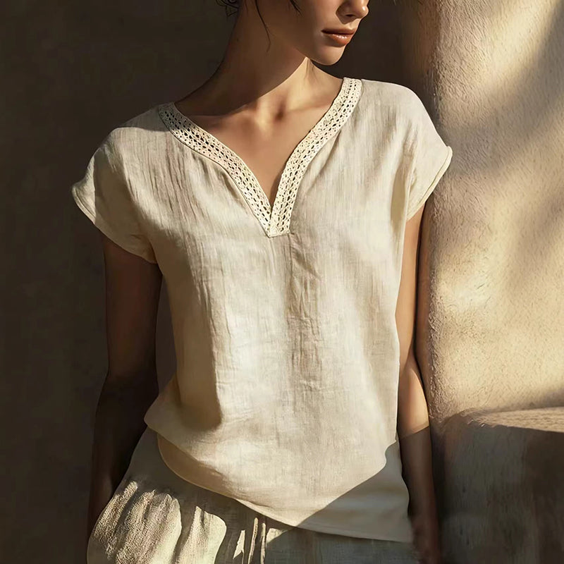 Boho Vintage Lace V-neck Cotton Blend Shirt