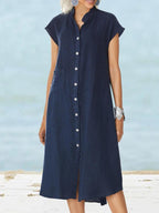 Stand Up Collar Button Down Cotton And Linen Dress With A Pocket