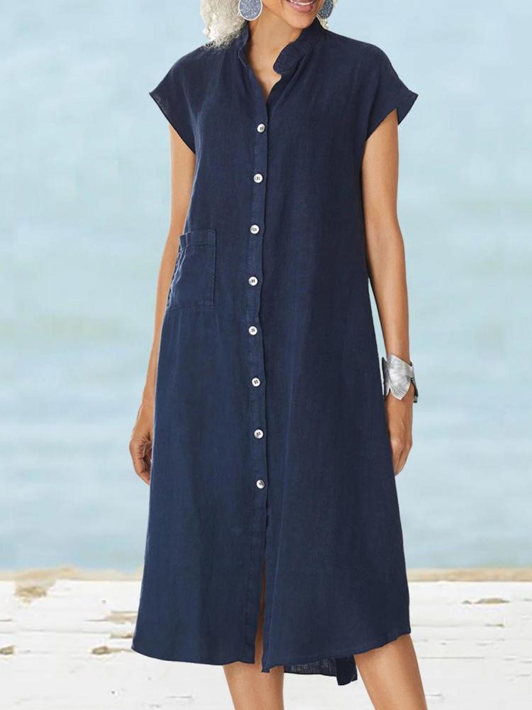 Stand Up Collar Button Down Cotton And Linen Dress With A Pocket