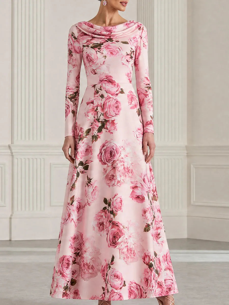 Rose Floral Print Cowl Neck Satin Maxi Evening Dress