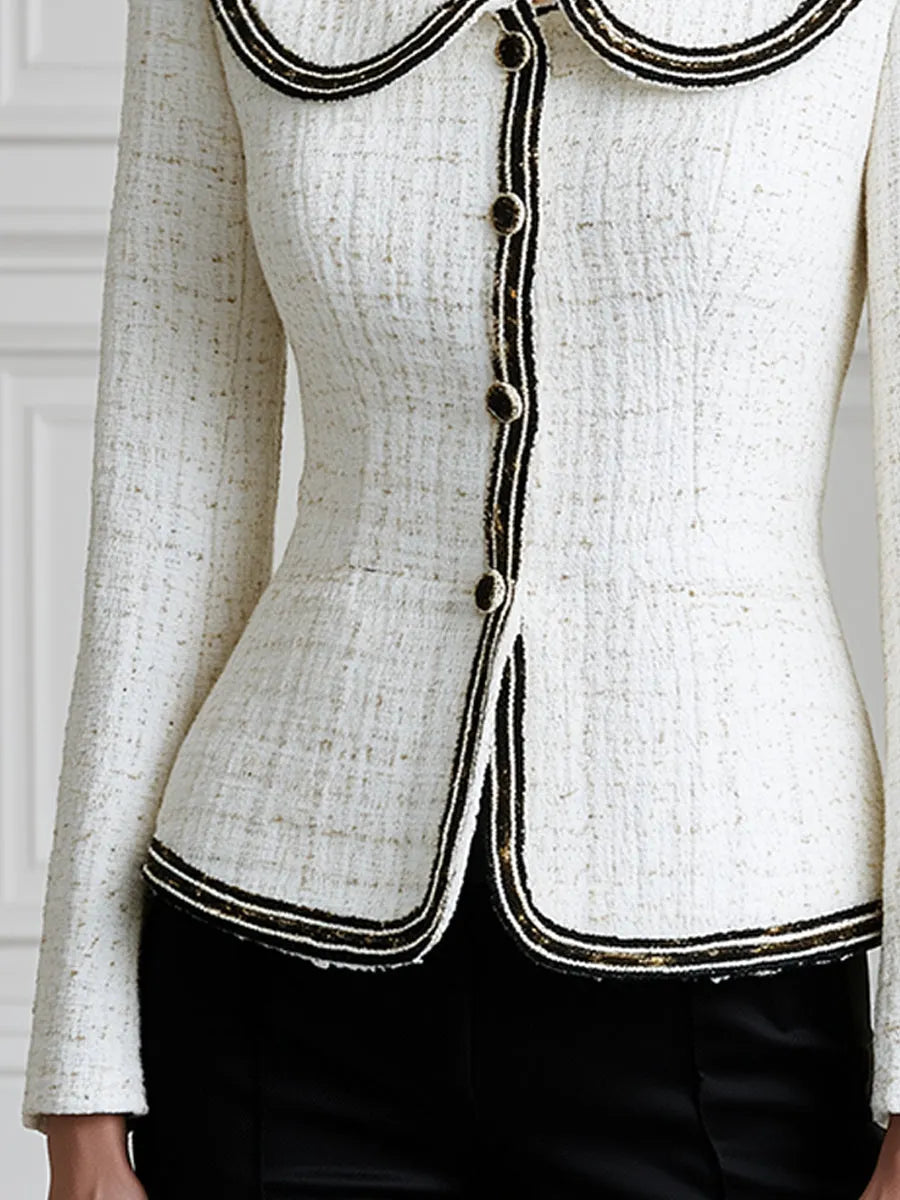 Contrast-Trim Peter Pan Collar Tweed Jacket