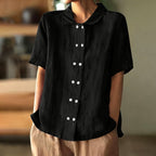 Women Loose Button Down Plain Cotton Linen Short Sleeve Blouse