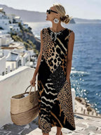 Stylish Sleeveless Leopard-Print Patchwork Resort Dress