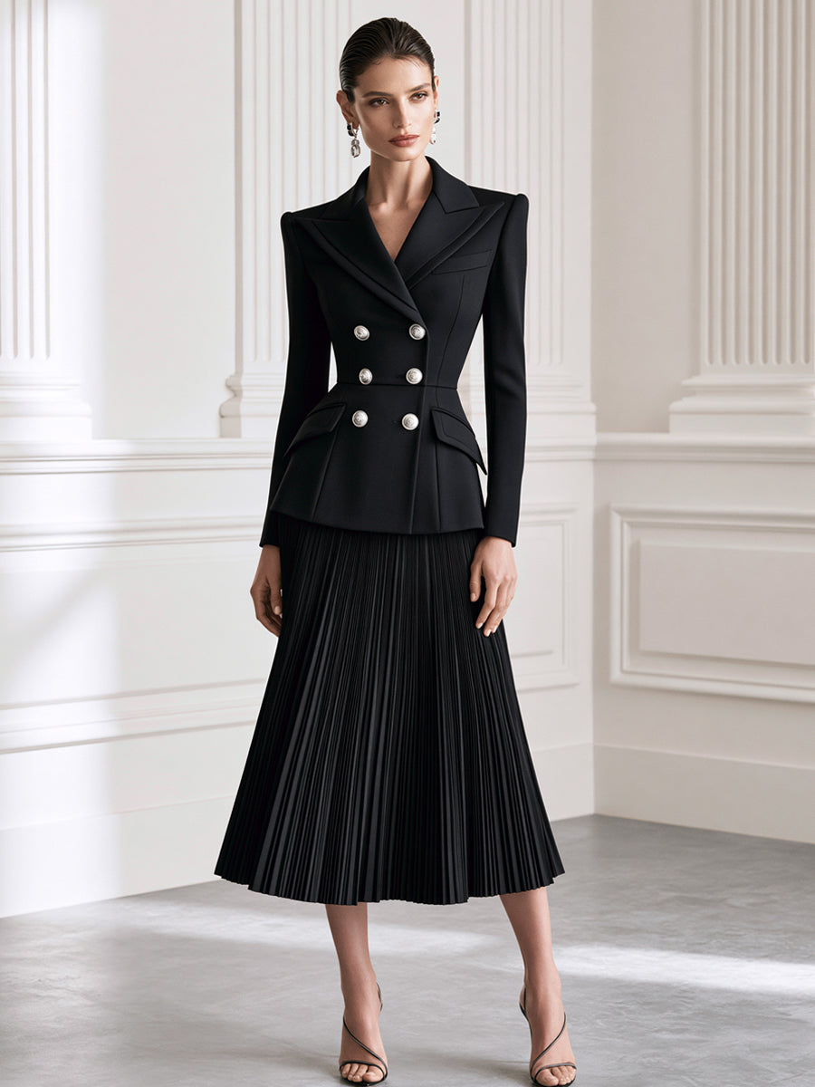 Double-Breasted Blazer & Pleated Midi Skirt Suit Set