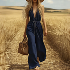 Cowgirl Outfit Personalized V-neck Sleeveless Waist Drawstring Dark Blue Denim Jumpsuit