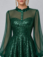 Emerald Green Sequin Sheer Puff Sleeve A-Line Mini Dress