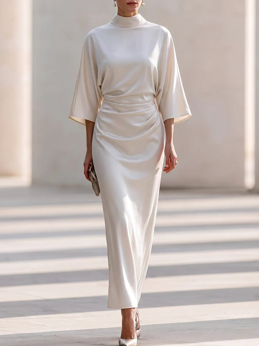 Draped Mock Neck Satin Maxi Dress
