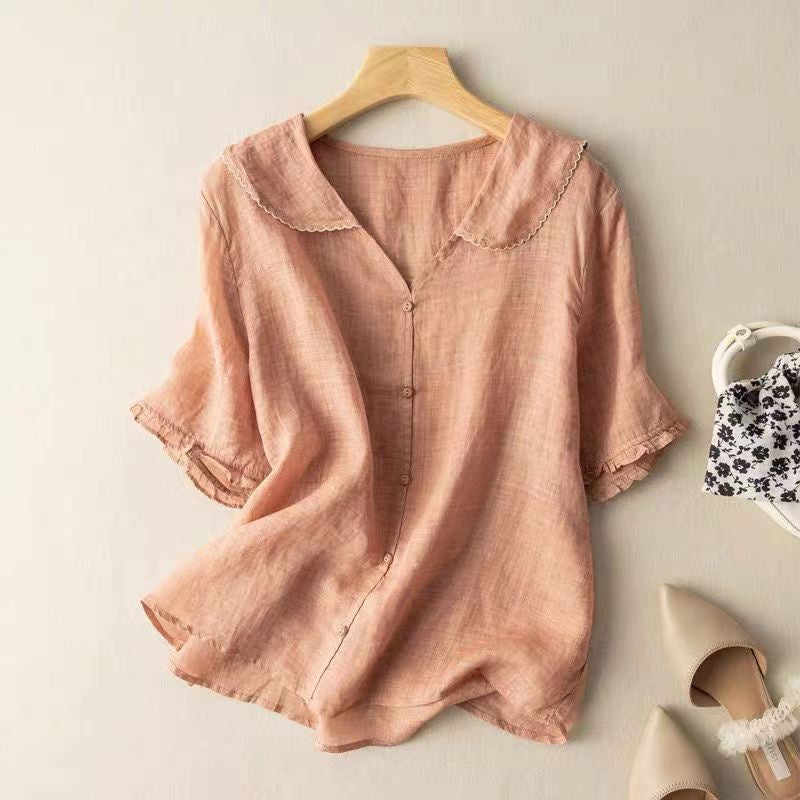 Women's Casual Short-sleeved Sailor Collar Linen Blend Blouse