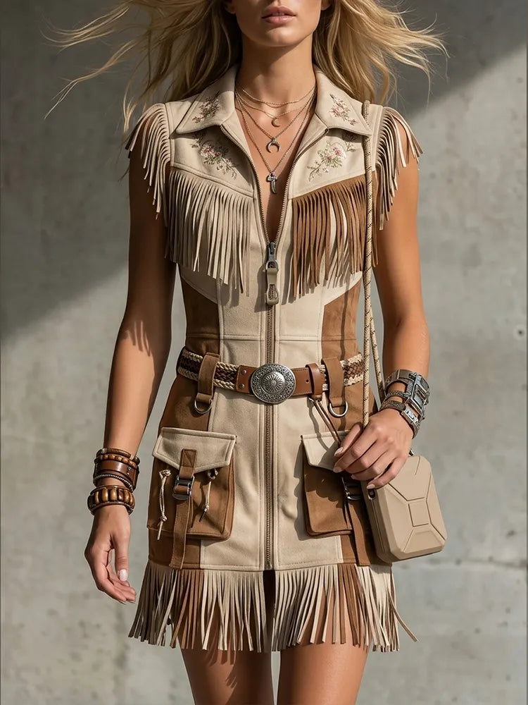 Cowgirl Outfits Elegant Western-Style Mid-Length Faux Suede Functional Dress With Fringes