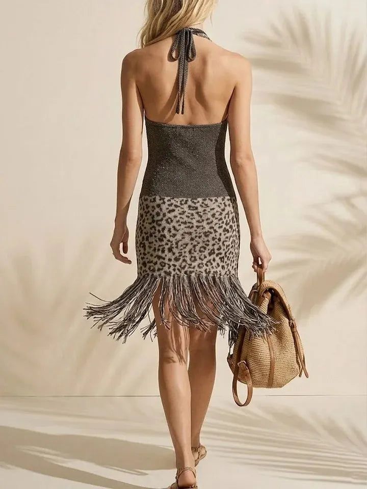 Cotton Blend Leopard Print Fringe Halter Dress With Knit Top And Asymmetrical Hem For Women