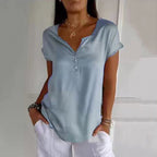 Casual Solid Color V-Neck Button-Down Short-Sleeved Top