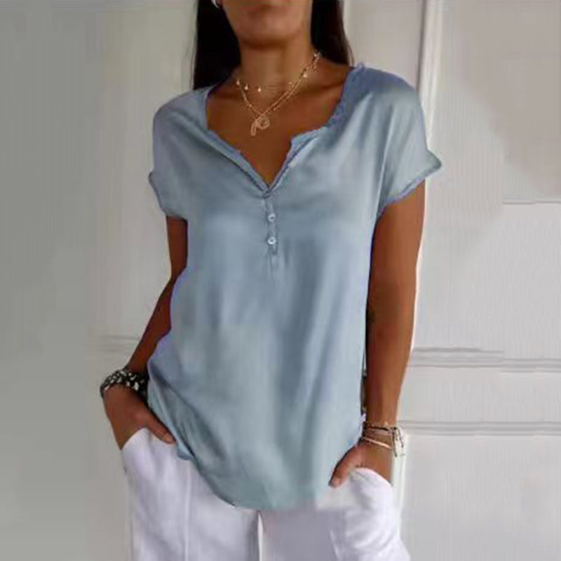 Casual Solid Color V-Neck Button-Down Short-Sleeved Top
