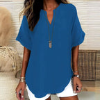 Solid Color V-neck Short Sleeve Linen Blend Blouses
