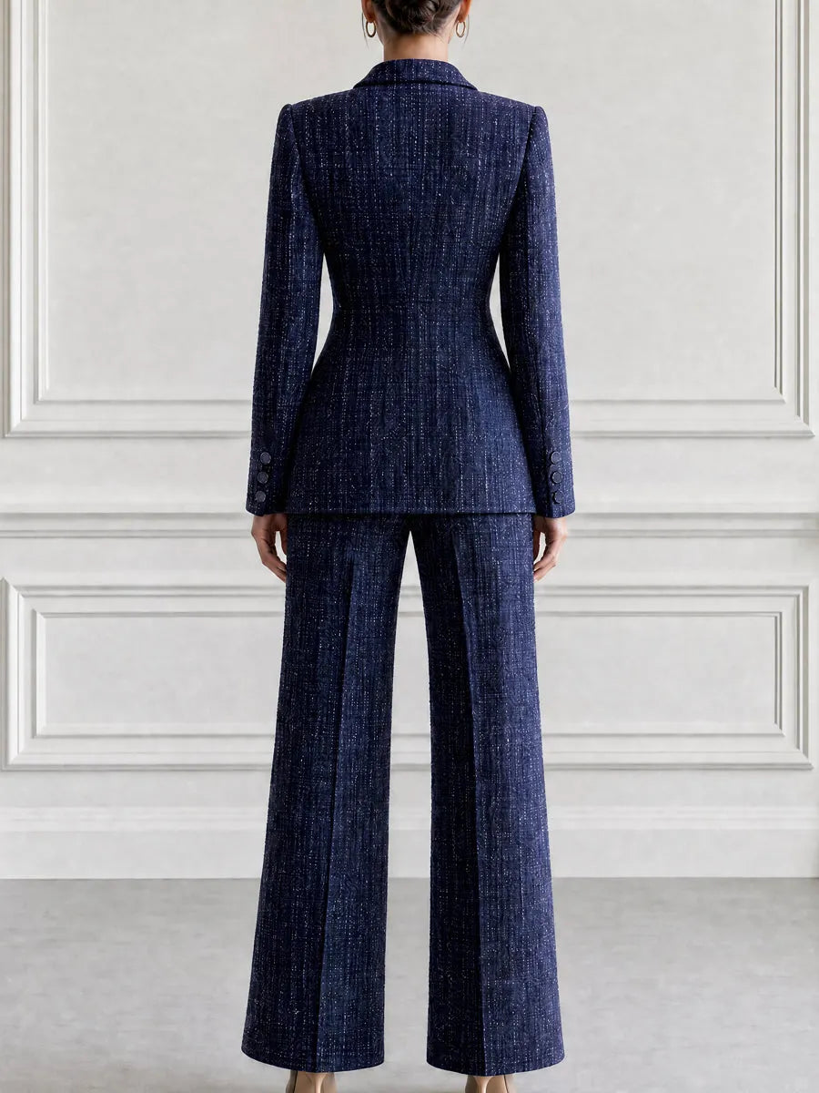 Flecked Tweed Double Breasted Blazer & Wide Leg Pants Suit