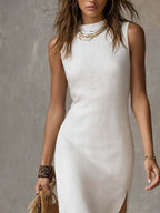 Stand-collar Split-hem Cotton And Linen Midi Dress