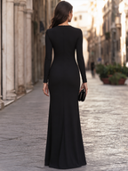 Boat-Neck Ruched Long-Sleeve Maxi Dress With Front Slit