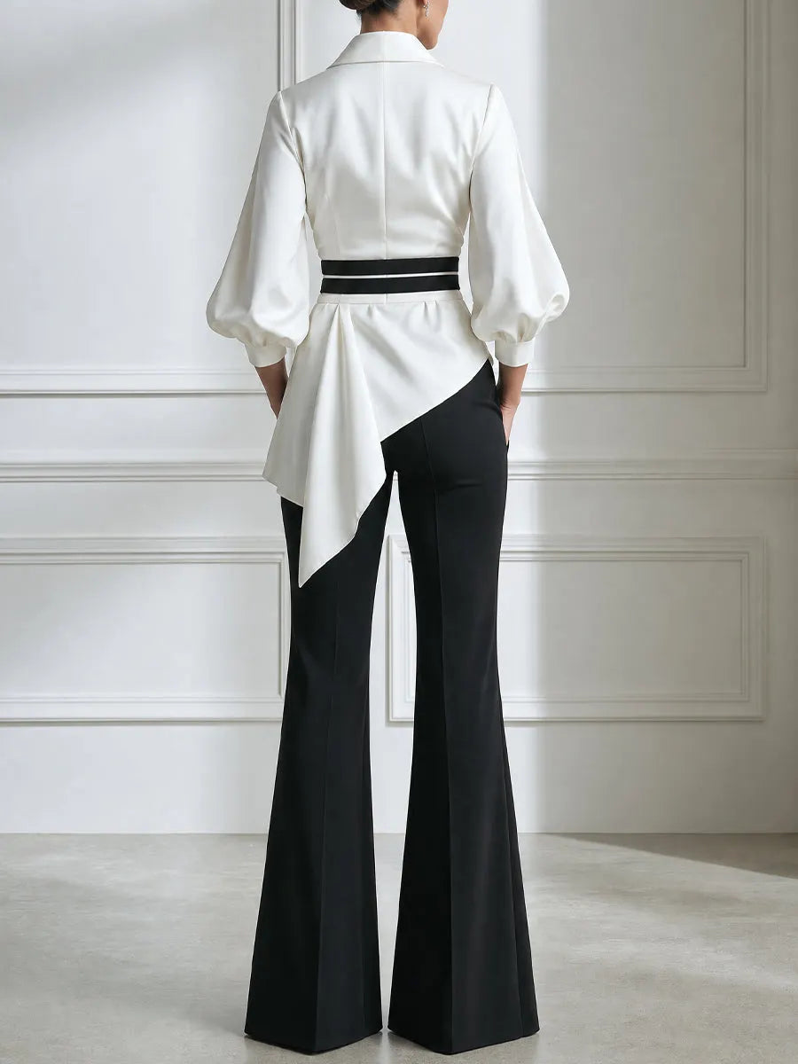 Asymmetric Draped Blouse And Flared Pants Set