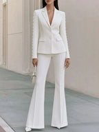 Women's Pearl Beaded Sleeve Blazer & Flare Pants Two-Piece Suit Set
